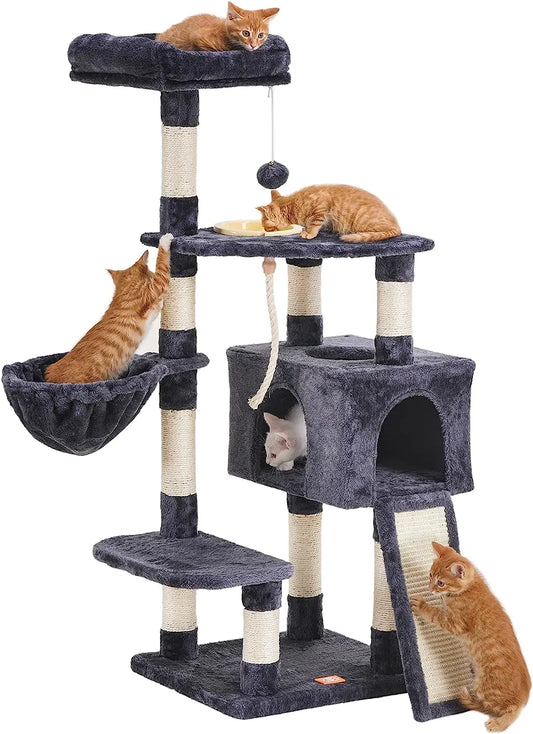 Cat Tree, Cat Tower for Indoor Cats with Scratching Board, Multi-Level Cat Furniture Condo with Feeding Bowl