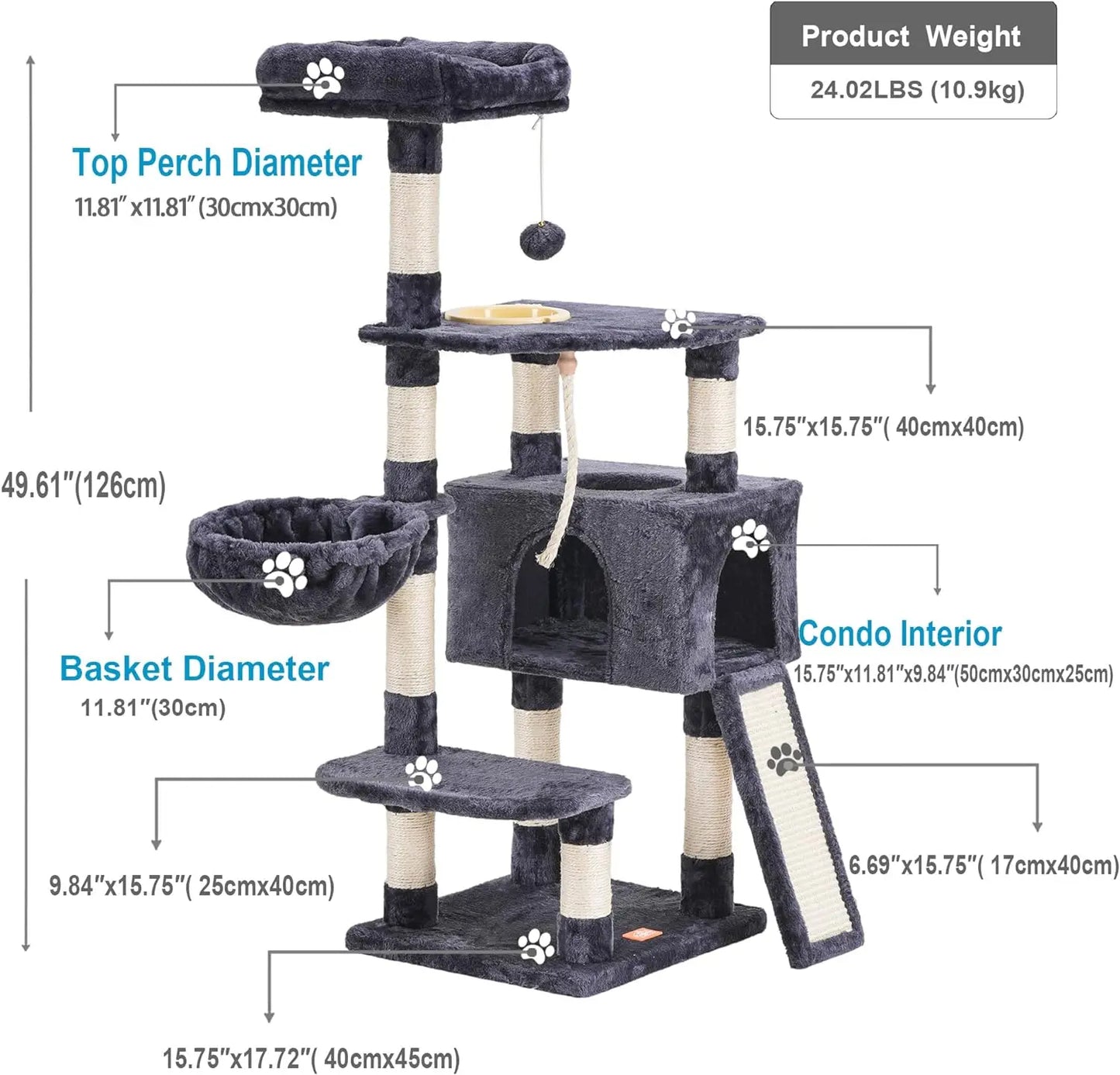 Cat Tree, Cat Tower for Indoor Cats with Scratching Board, Multi-Level Cat Furniture Condo with Feeding Bowl